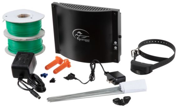 Underground pet products included in the SportDOG Contain + Train System for training your dog: collar with receiver, containment transmitter, remote transmitter, and charging adapters.